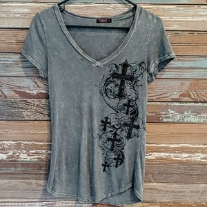 EUC Country Rhinestone Embellished Cross Shirt